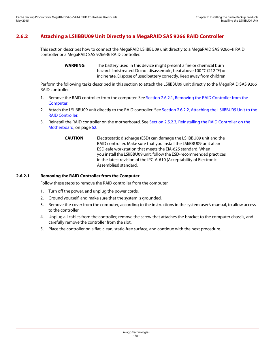 1 removing the raid controller from the computer | Avago Technologies Cache Protection for RAID Controller Cards User Manual | Page 78 / 139