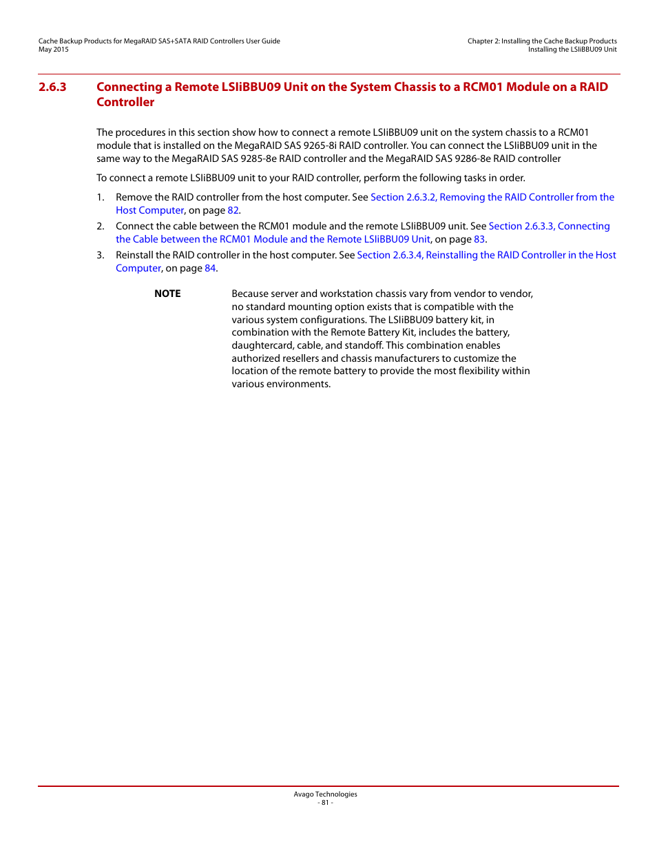 Rcm01 module on a raid controller, Chassis to a rcm01 module on a raid controller | Avago Technologies Cache Protection for RAID Controller Cards User Manual | Page 81 / 139