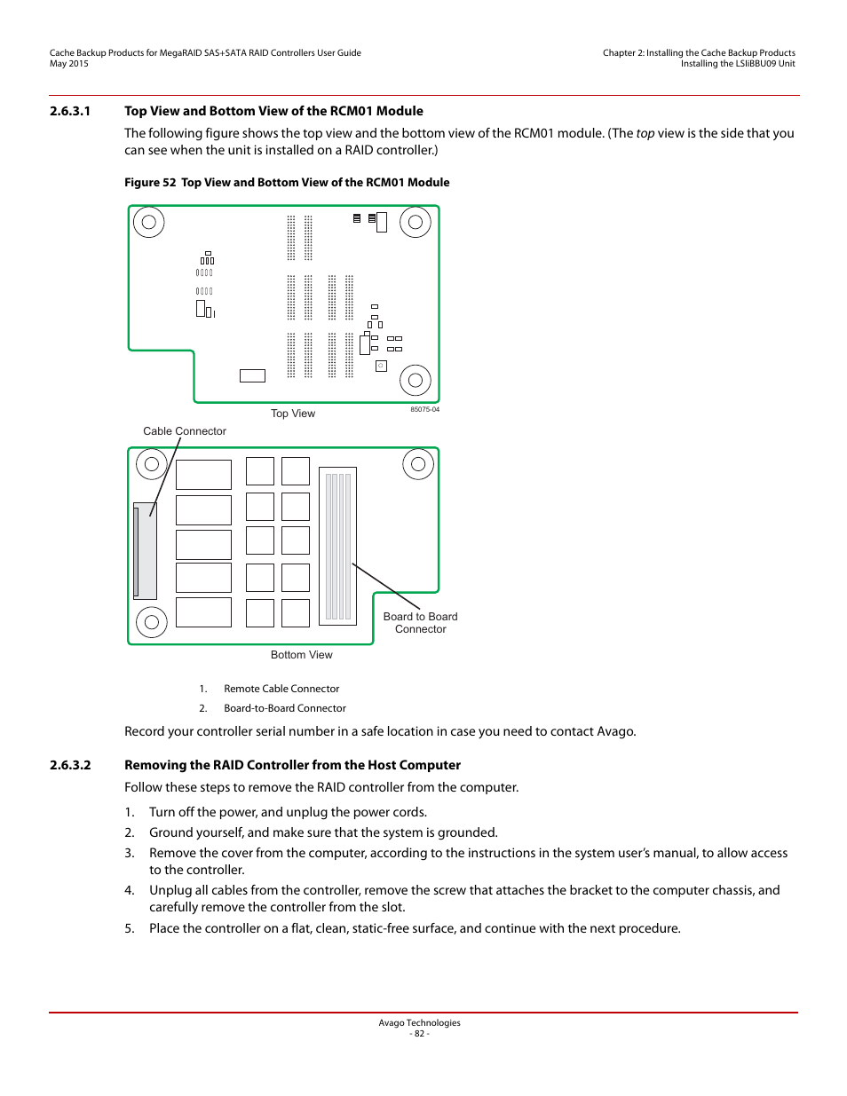 1 top view and bottom view of the rcm01 module, Host computer | Avago Technologies Cache Protection for RAID Controller Cards User Manual | Page 82 / 139