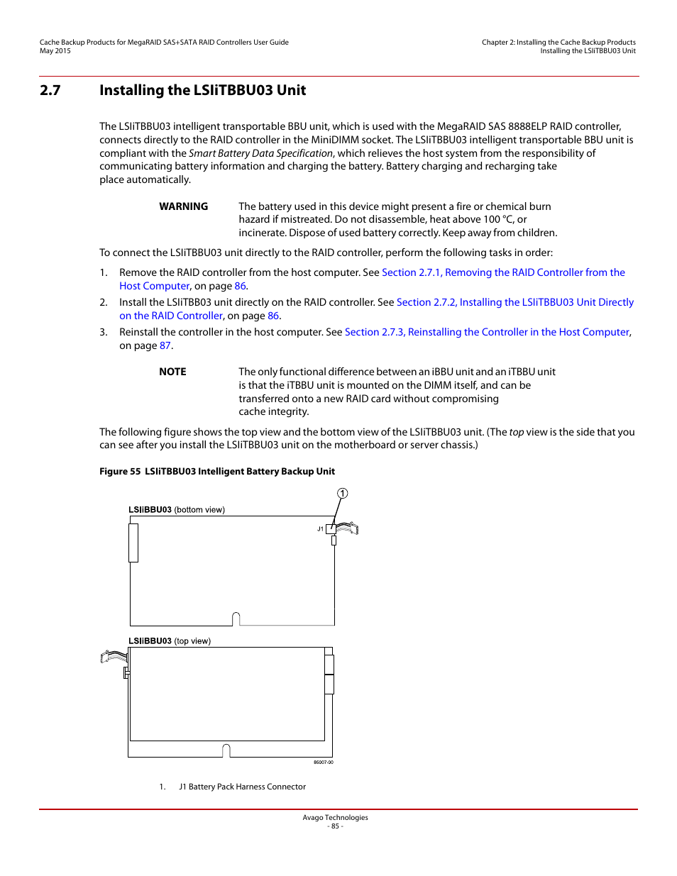 7 installing the lsiitbbu03 unit | Avago Technologies Cache Protection for RAID Controller Cards User Manual | Page 85 / 139