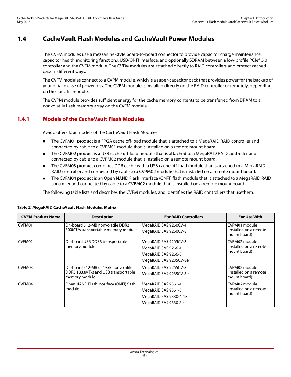 1 models of the cachevault flash modules | Avago Technologies Cache Protection for RAID Controller Cards User Manual | Page 9 / 139