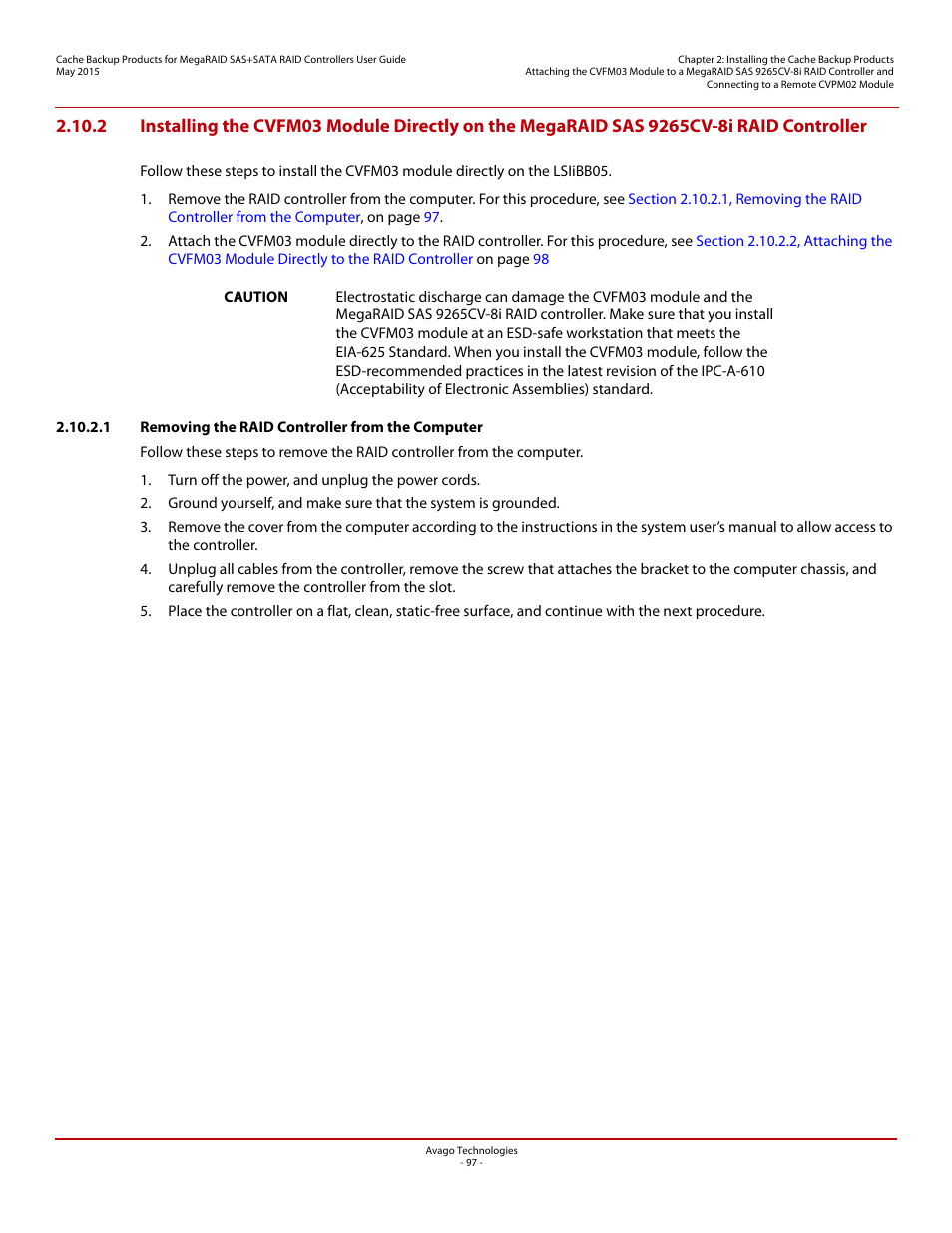 1 removing the raid controller from the computer | Avago Technologies Cache Protection for RAID Controller Cards User Manual | Page 97 / 139