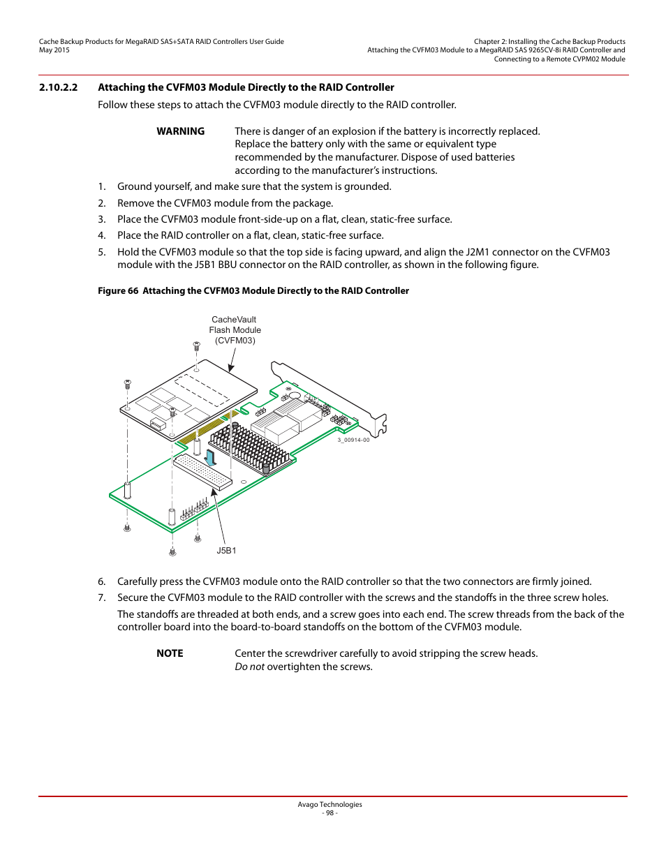 Section 2.10.2.2, attaching the, Cvfm03 module directly to the raid controller | Avago Technologies Cache Protection for RAID Controller Cards User Manual | Page 98 / 139