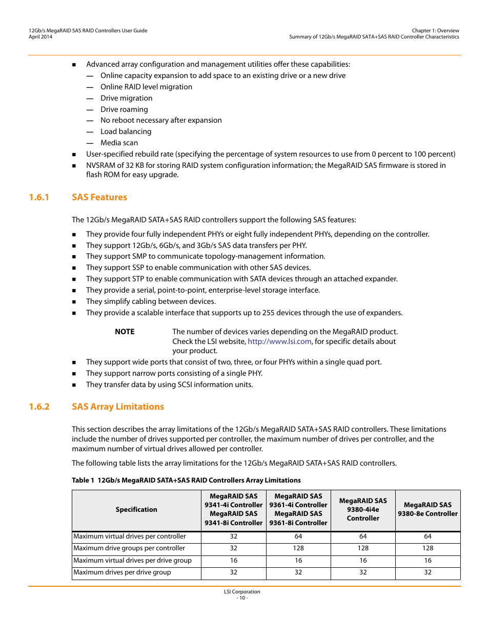 1 sas features, 2 sas array limitations, 1 sas features 1.6.2 sas array limitations | Avago Technologies Cache Protection for RAID Controller Cards User Manual | Page 10 / 43