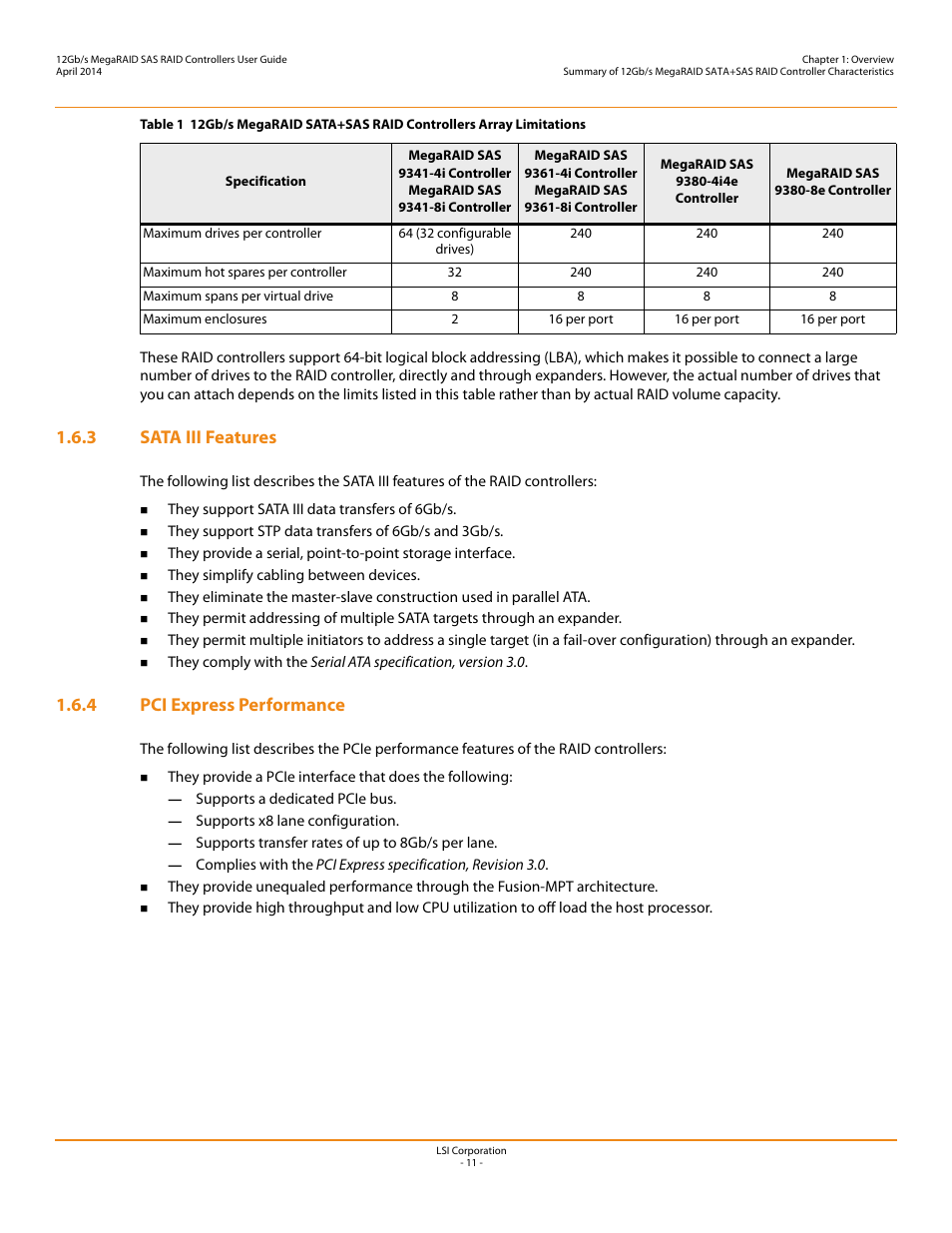 3 sata iii features, 4 pci express performance, 3 sata iii features 1.6.4 pci express performance | Avago Technologies Cache Protection for RAID Controller Cards User Manual | Page 11 / 43