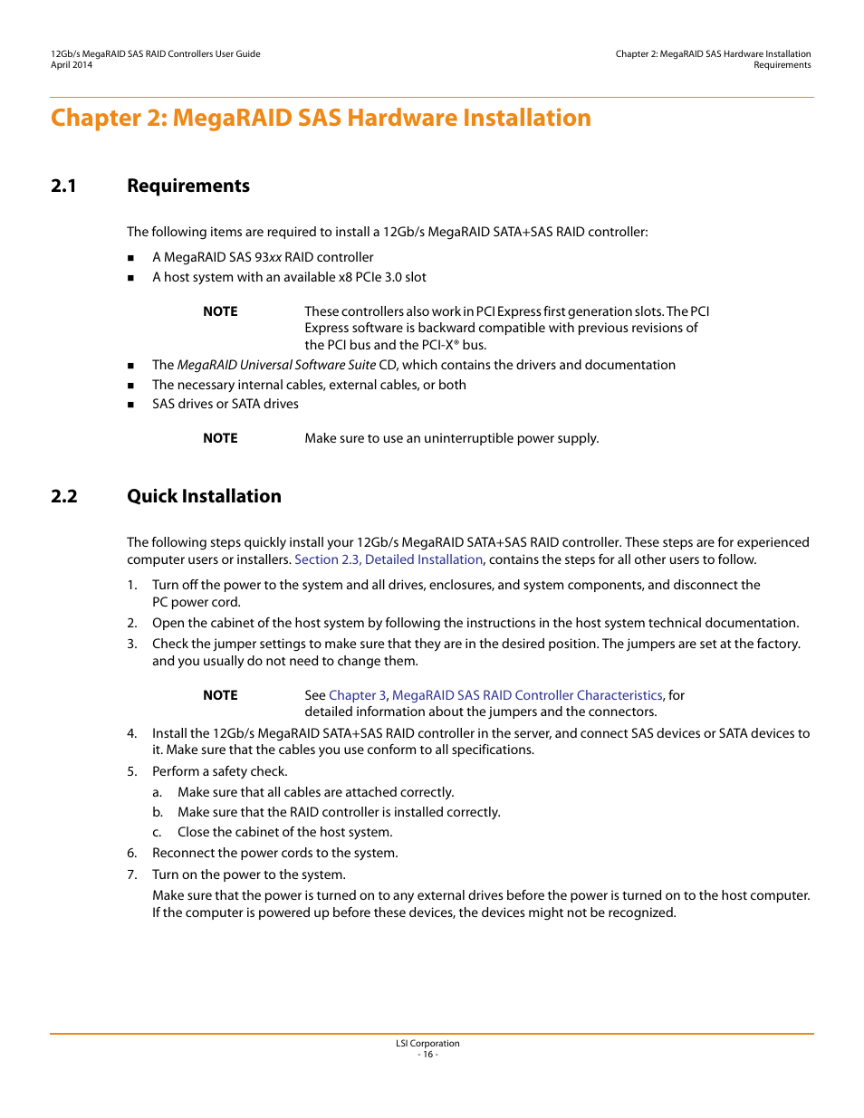 Chapter 2: megaraid sas hardware installation, 1 requirements, 2 quick installation | Avago Technologies Cache Protection for RAID Controller Cards User Manual | Page 16 / 43