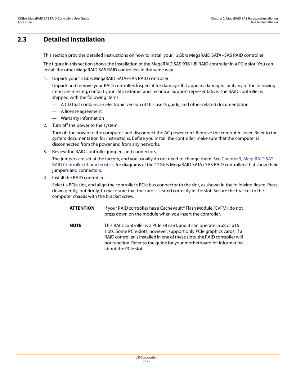 3 detailed installation, Section 2.3, detailed installation | Avago Technologies Cache Protection for RAID Controller Cards User Manual | Page 17 / 43
