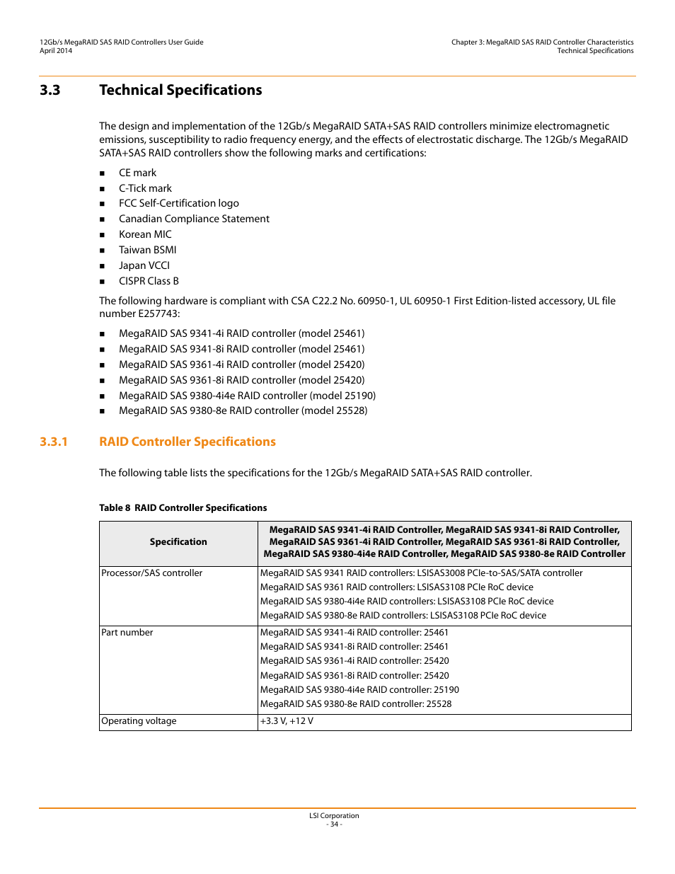 3 technical specifications, 1 raid controller specifications | Avago Technologies Cache Protection for RAID Controller Cards User Manual | Page 34 / 43