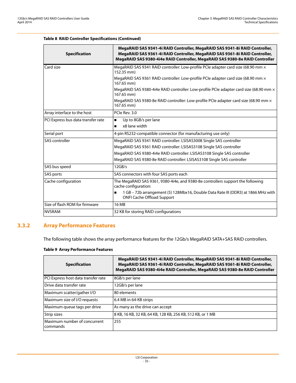 2 array performance features | Avago Technologies Cache Protection for RAID Controller Cards User Manual | Page 35 / 43