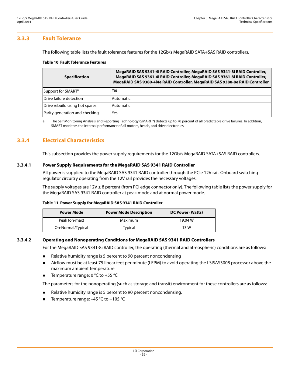 3 fault tolerance, 4 electrical characteristics | Avago Technologies Cache Protection for RAID Controller Cards User Manual | Page 36 / 43