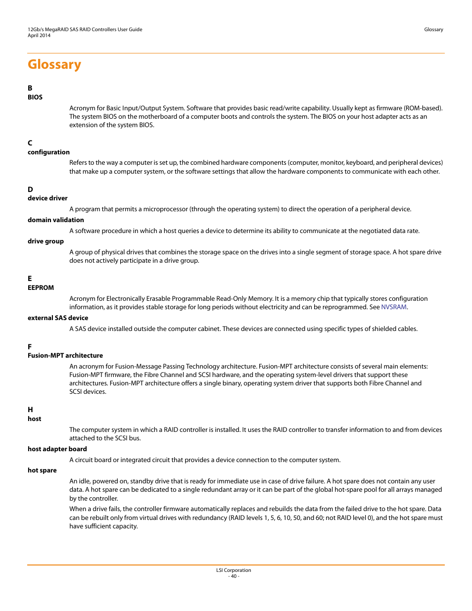 Glossary | Avago Technologies Cache Protection for RAID Controller Cards User Manual | Page 40 / 43