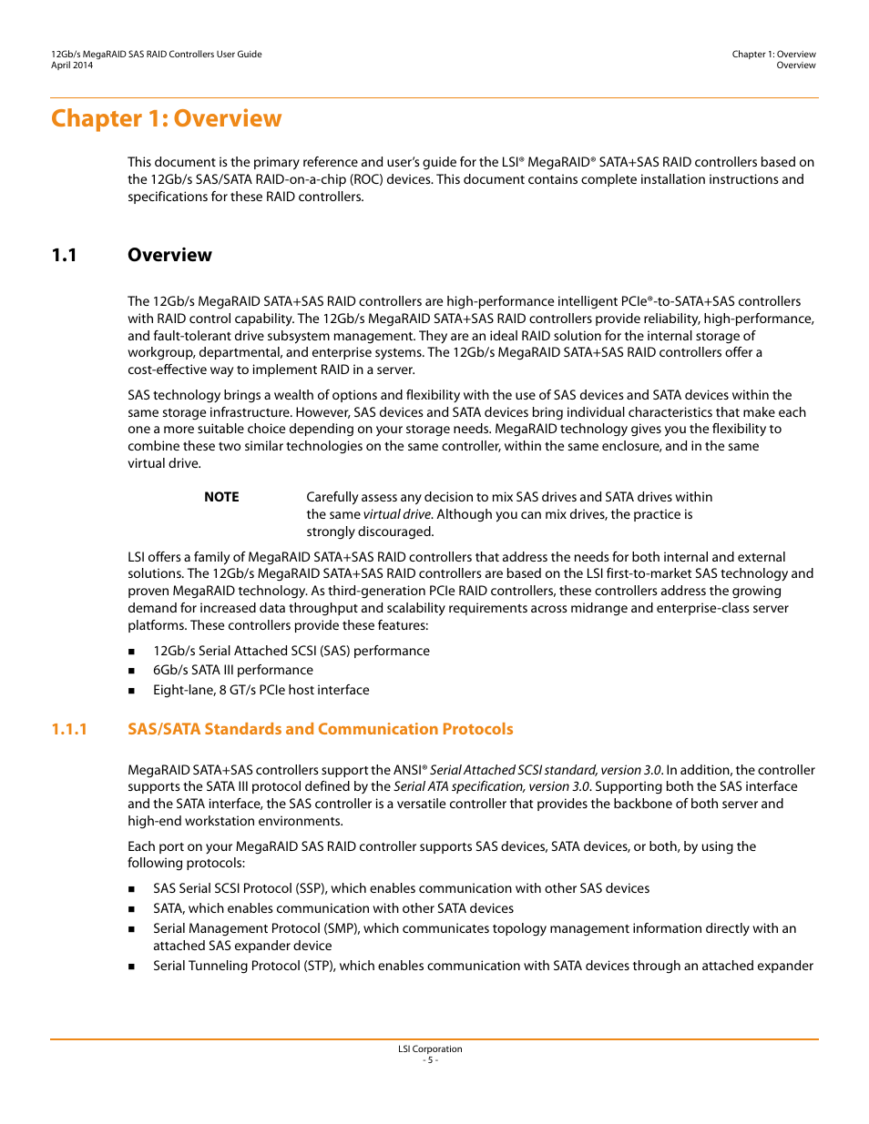 Chapter 1: overview, 1 overview, 1 sas/sata standards and communication protocols | Avago Technologies Cache Protection for RAID Controller Cards User Manual | Page 5 / 43