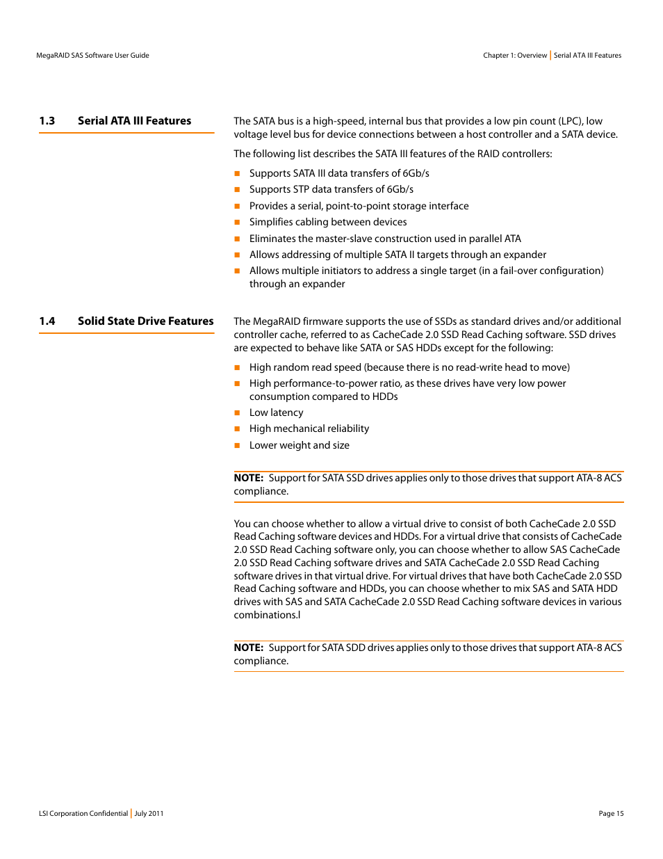 3 serial ata iii features, 4 solid state drive features | Avago Technologies MegaRAID Fast Path Software User Manual | Page 15 / 502