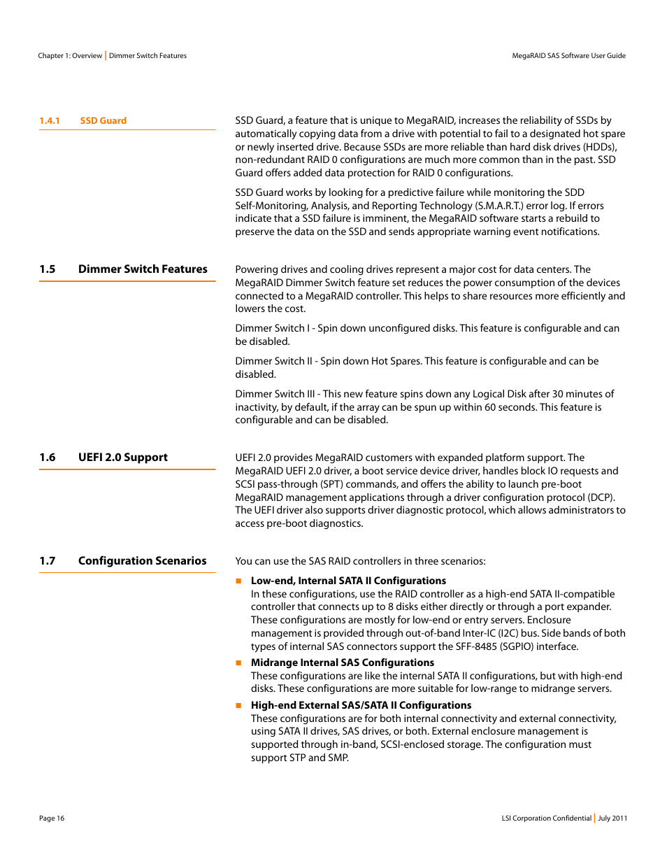 1 ssd guard, 5 dimmer switch features, 6 uefi 2.0 support | 7 configuration scenarios | Avago Technologies MegaRAID Fast Path Software User Manual | Page 16 / 502