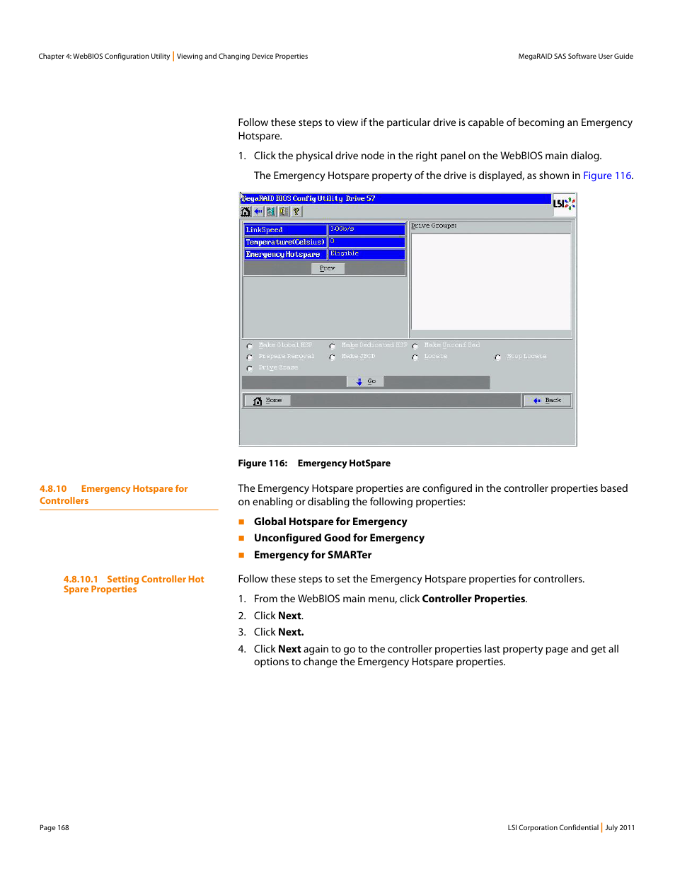 10 emergency hotspare for controllers | Avago Technologies MegaRAID Fast Path Software User Manual | Page 168 / 502