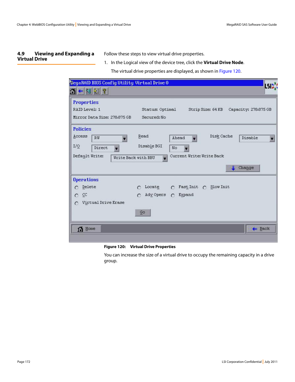 9 viewing and expanding a virtual drive, Section 4.9, viewing and expanding a virtual drive | Avago Technologies MegaRAID Fast Path Software User Manual | Page 172 / 502