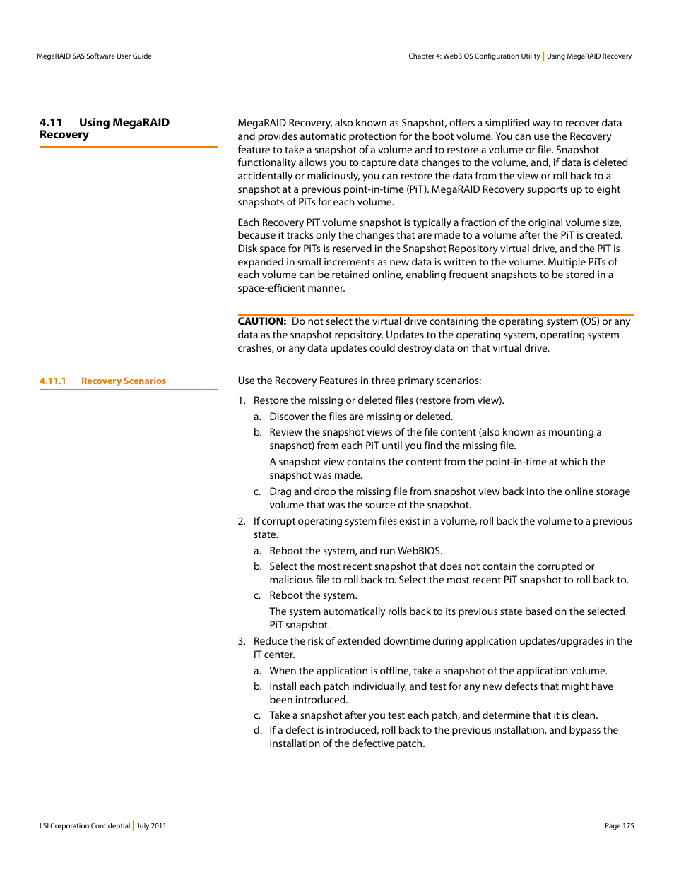 11 using megaraid recovery, 1 recovery scenarios, Section 4.11, using | Megaraid recovery, Section 4.11, using megaraid recovery | Avago Technologies MegaRAID Fast Path Software User Manual | Page 175 / 502