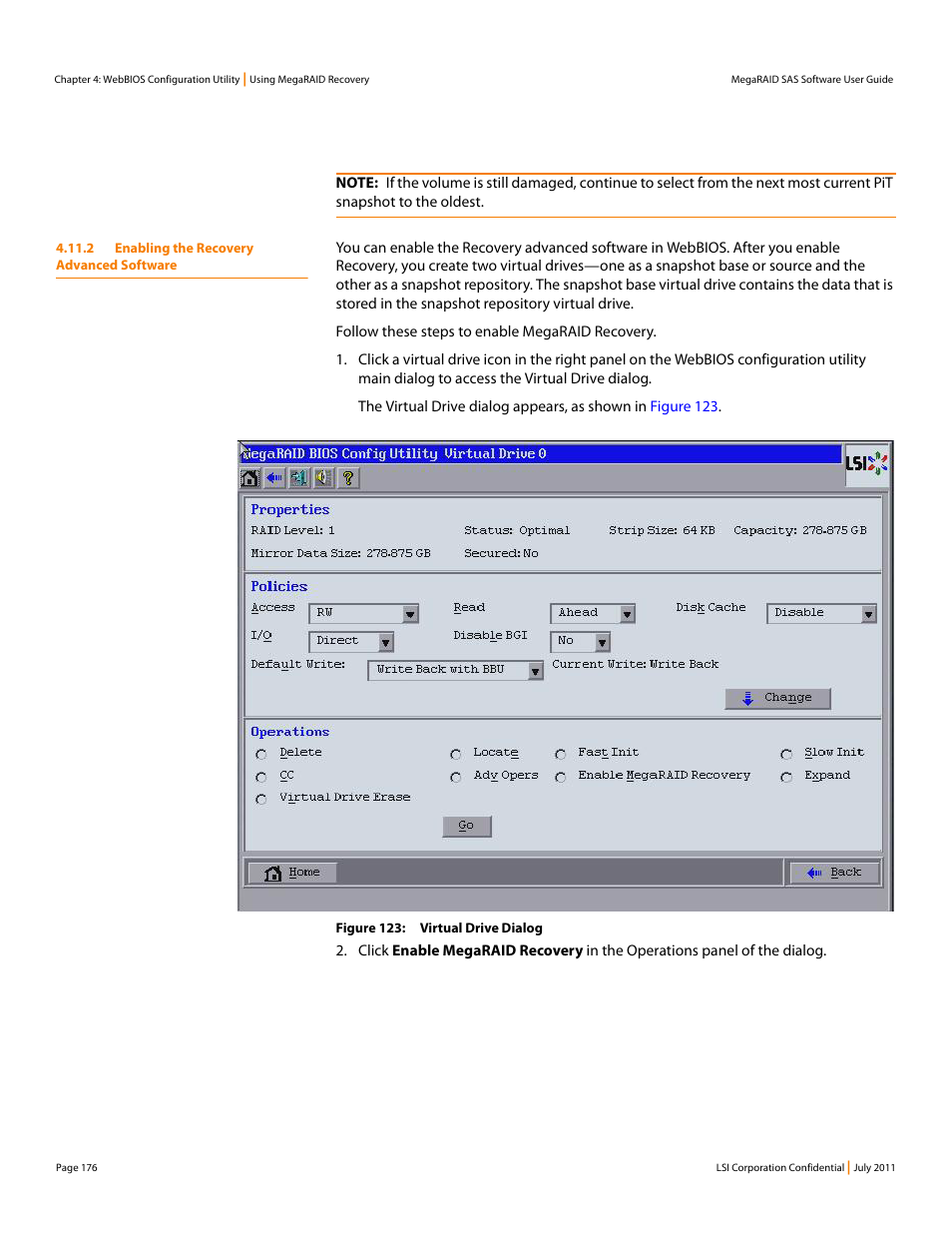 2 enabling the recovery advanced software | Avago Technologies MegaRAID Fast Path Software User Manual | Page 176 / 502