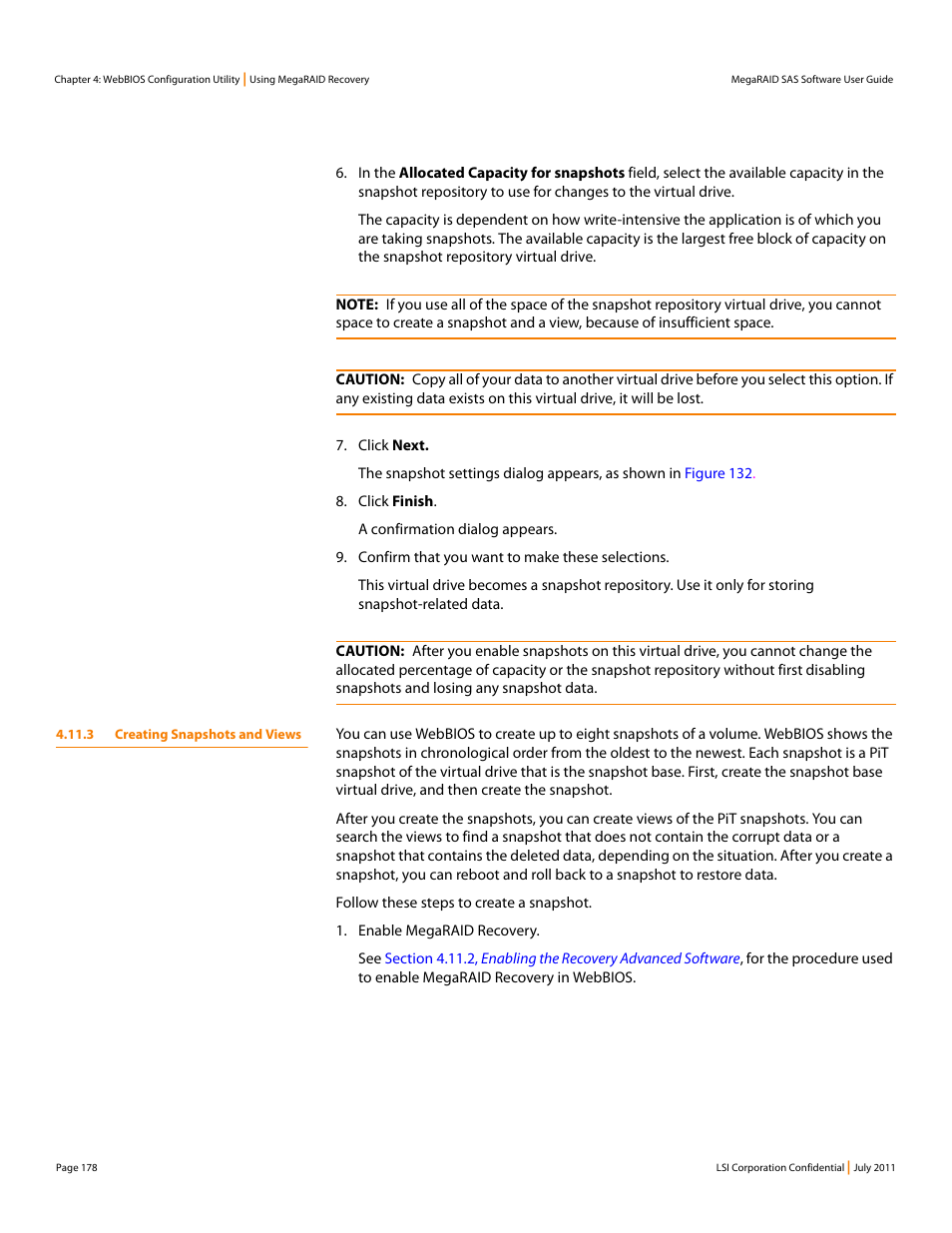 3 creating snapshots and views | Avago Technologies MegaRAID Fast Path Software User Manual | Page 178 / 502