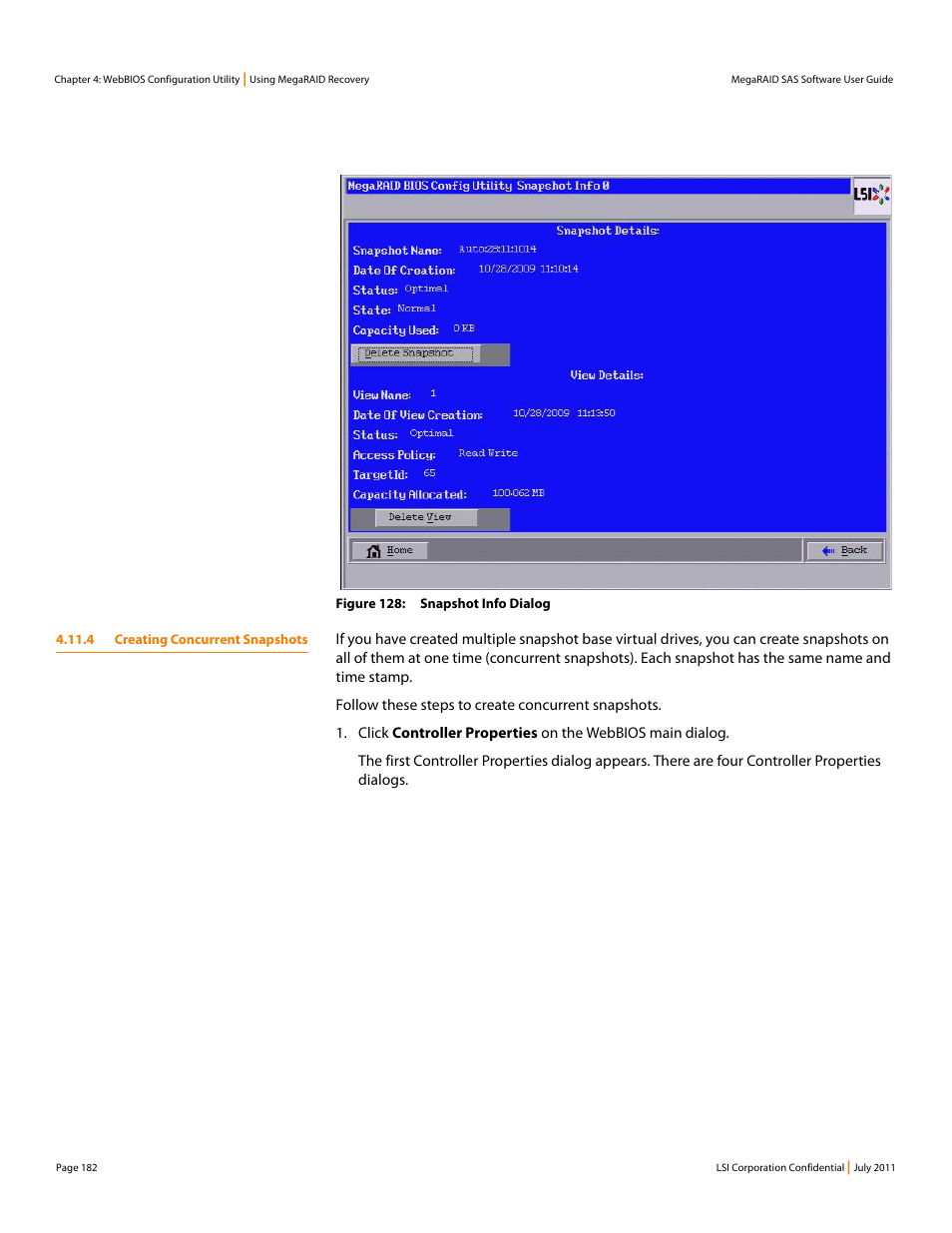 4 creating concurrent snapshots | Avago Technologies MegaRAID Fast Path Software User Manual | Page 182 / 502