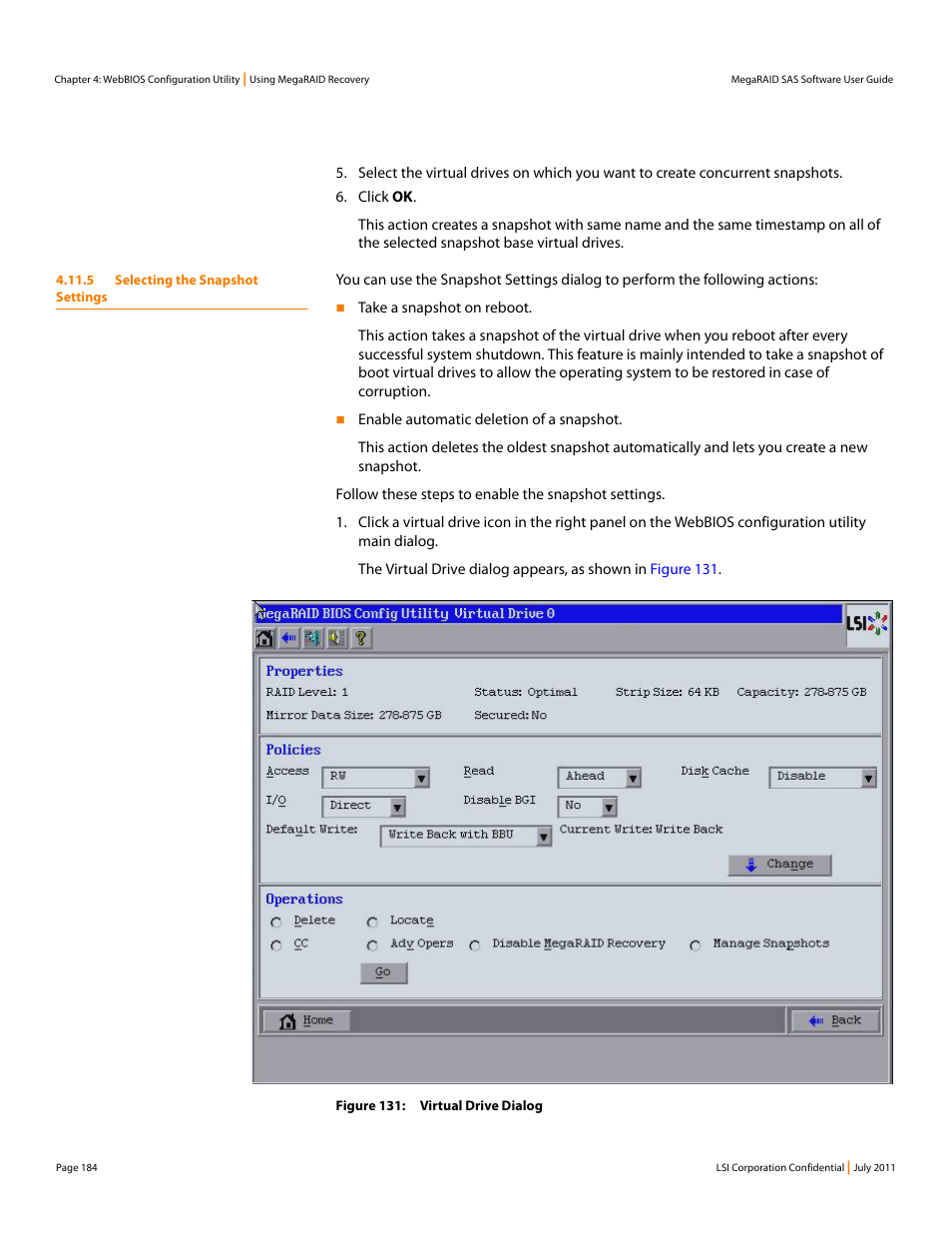 5 selecting the snapshot settings | Avago Technologies MegaRAID Fast Path Software User Manual | Page 184 / 502