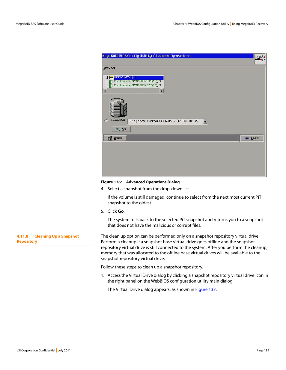 8 cleaning up a snapshot repository | Avago Technologies MegaRAID Fast Path Software User Manual | Page 189 / 502