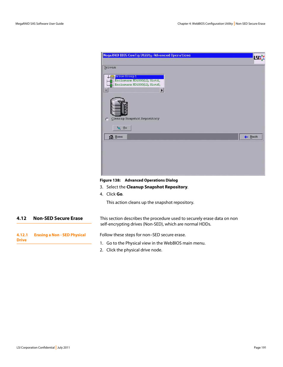 12 non-sed secure erase, 1 erasing a non - sed physical drive | Avago Technologies MegaRAID Fast Path Software User Manual | Page 191 / 502