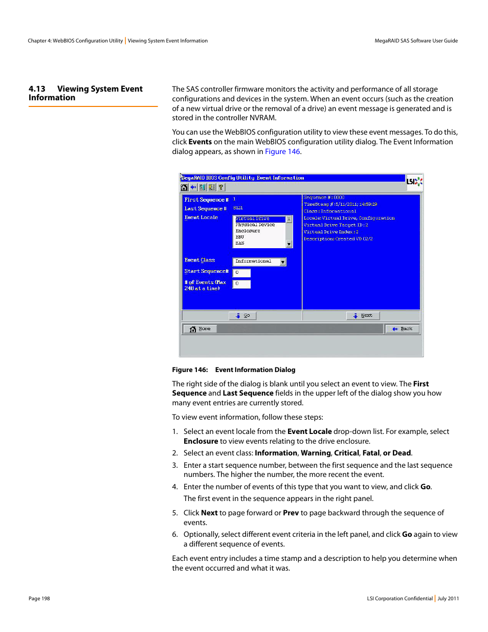13 viewing system event information, Section 4.13, viewing system event information | Avago Technologies MegaRAID Fast Path Software User Manual | Page 198 / 502