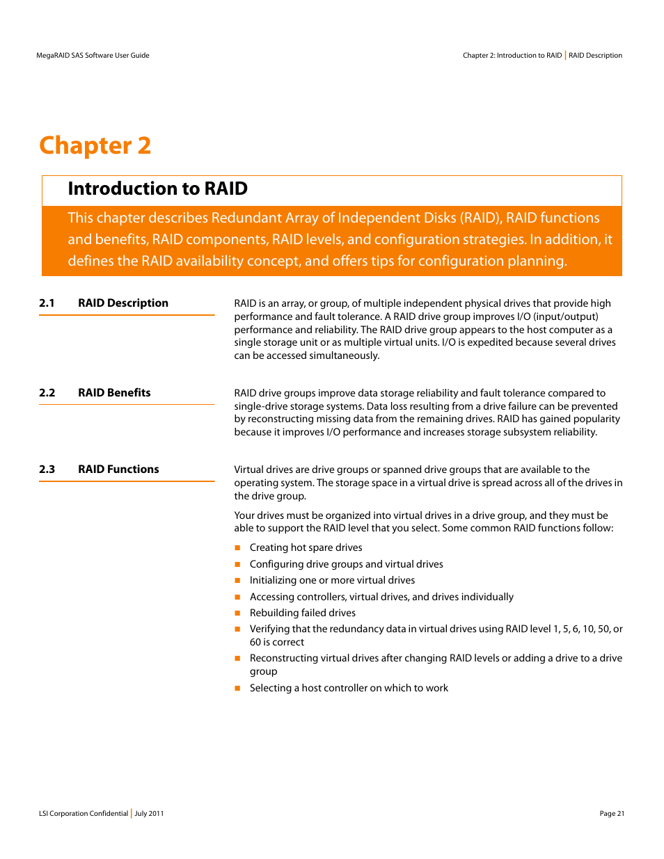 Introduction to raid, 1 raid description, 2 raid benefits | 3 raid functions, Chapter 2: introduction to raid, Chapter 2 | Avago Technologies MegaRAID Fast Path Software User Manual | Page 21 / 502