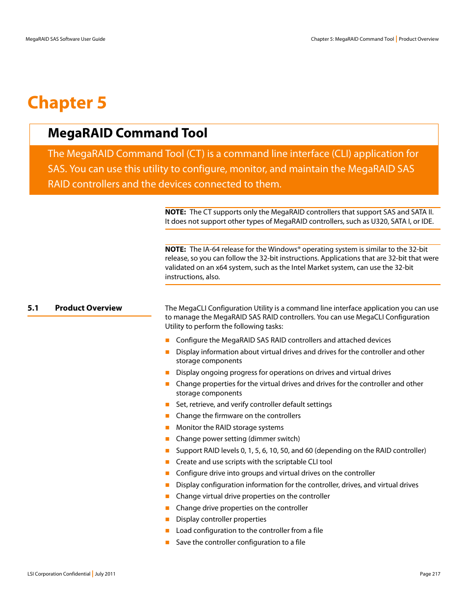 Megaraid command tool, 1 product overview, Chapter 5, megaraid command tool | Chapter 5: megaraid command tool, Chapter 5 | Avago Technologies MegaRAID Fast Path Software User Manual | Page 217 / 502