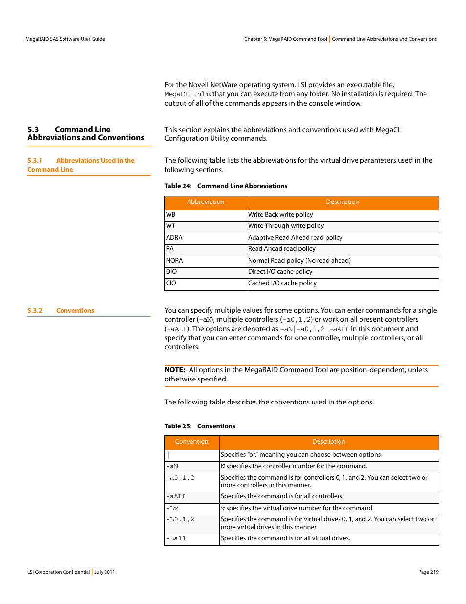 3 command line abbreviations and conventions, 1 abbreviations used in the command line, 2 conventions | Avago Technologies MegaRAID Fast Path Software User Manual | Page 219 / 502