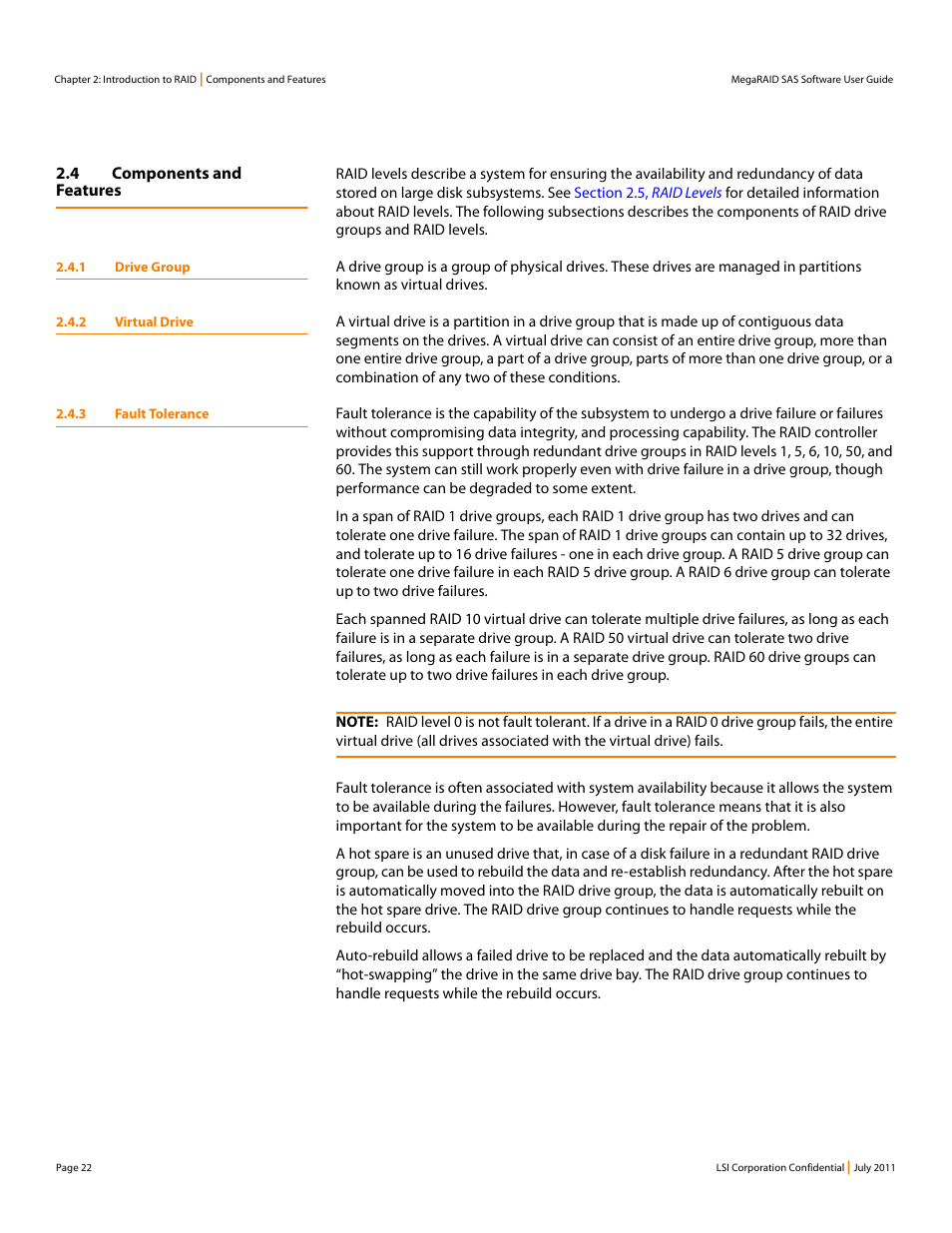 4 components and features, 1 drive group, 2 virtual drive | 3 fault tolerance | Avago Technologies MegaRAID Fast Path Software User Manual | Page 22 / 502