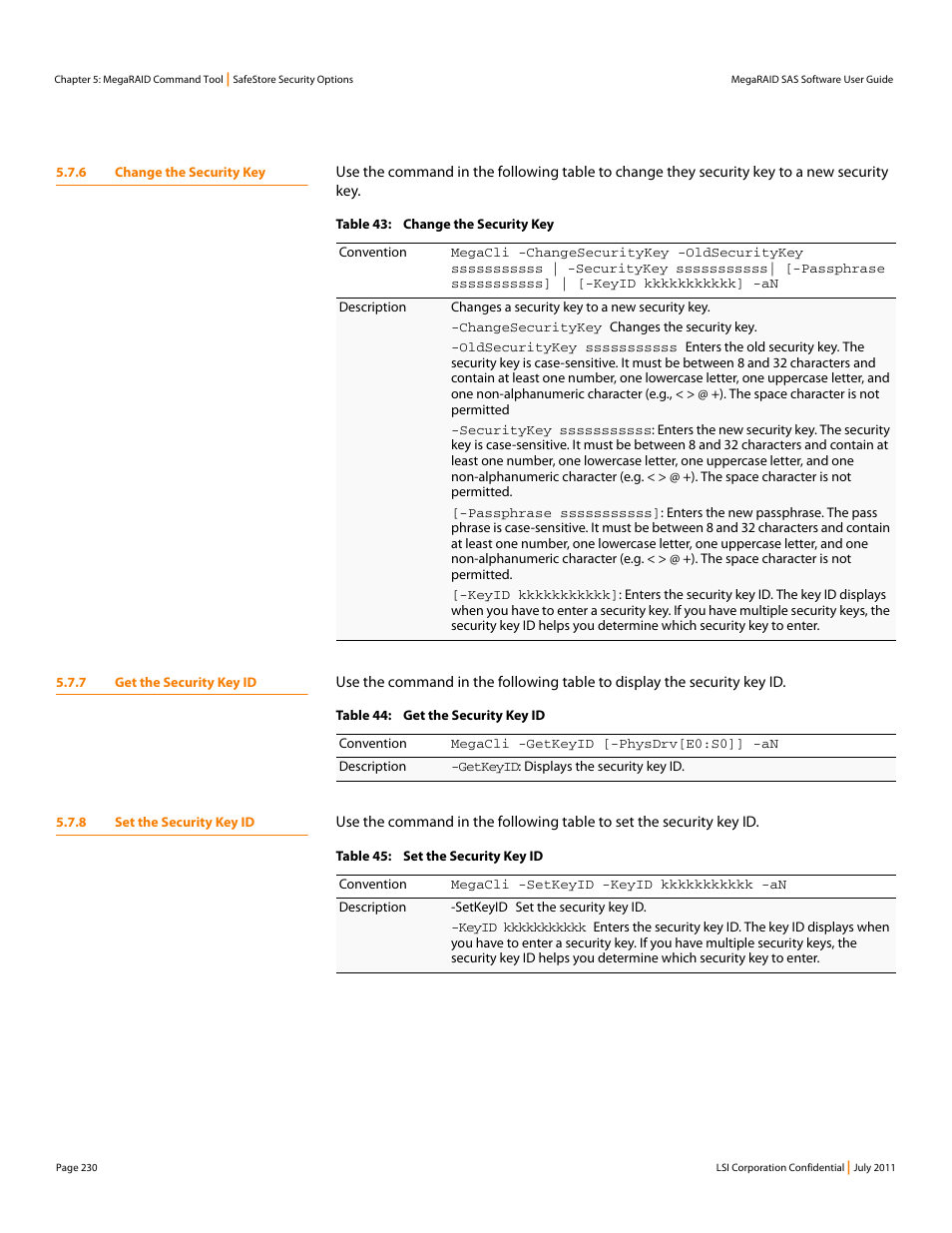 6 change the security key, 7 get the security key id, 8 set the security key id | Avago Technologies MegaRAID Fast Path Software User Manual | Page 230 / 502