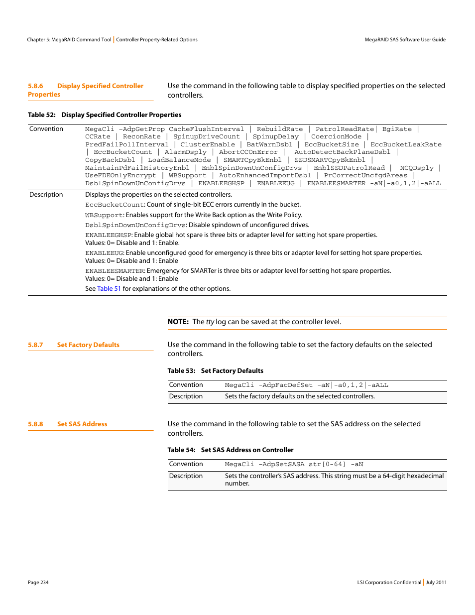 6 display specified controller properties, 7 set factory defaults, 8 set sas address | Avago Technologies MegaRAID Fast Path Software User Manual | Page 234 / 502