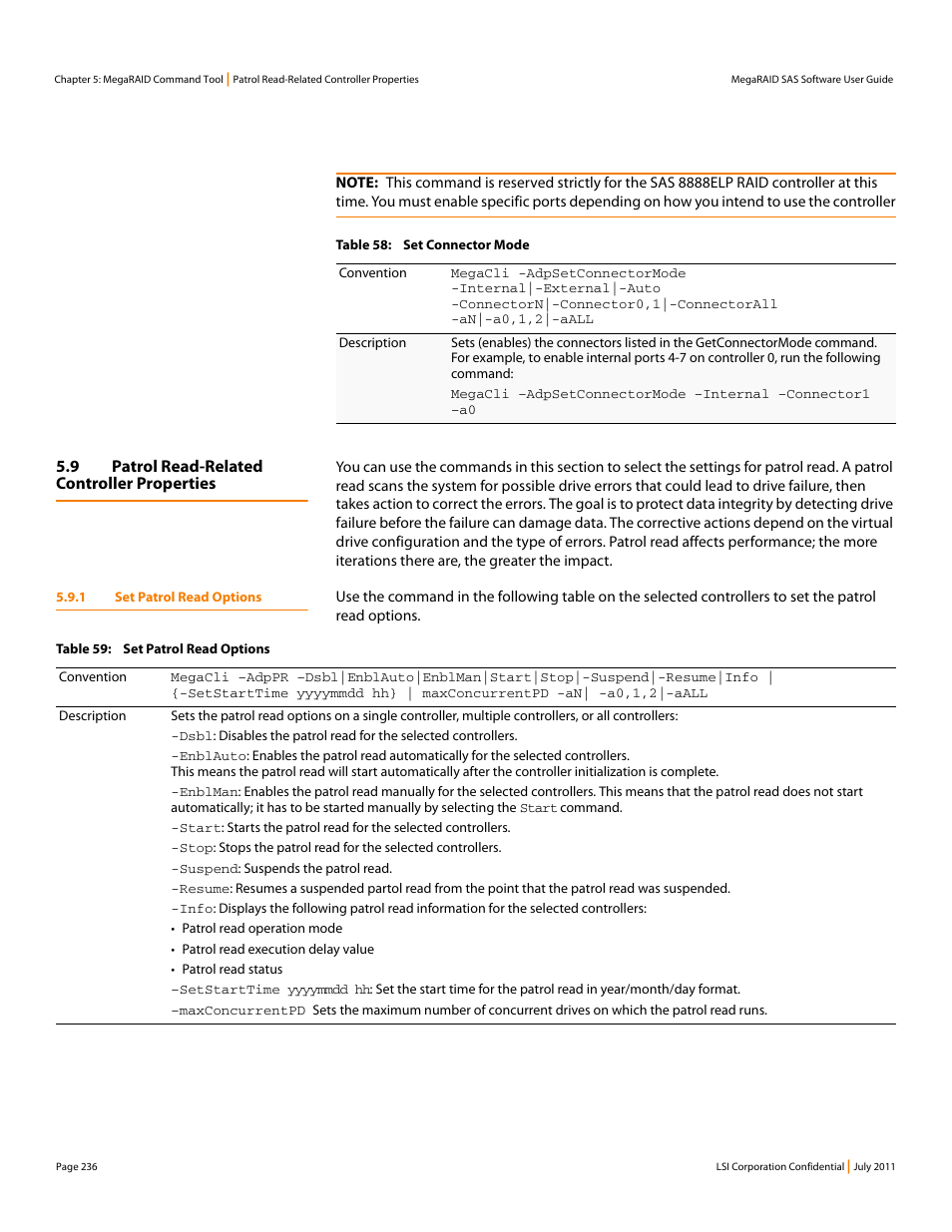 9 patrol read-related controller properties, 1 set patrol read options | Avago Technologies MegaRAID Fast Path Software User Manual | Page 236 / 502
