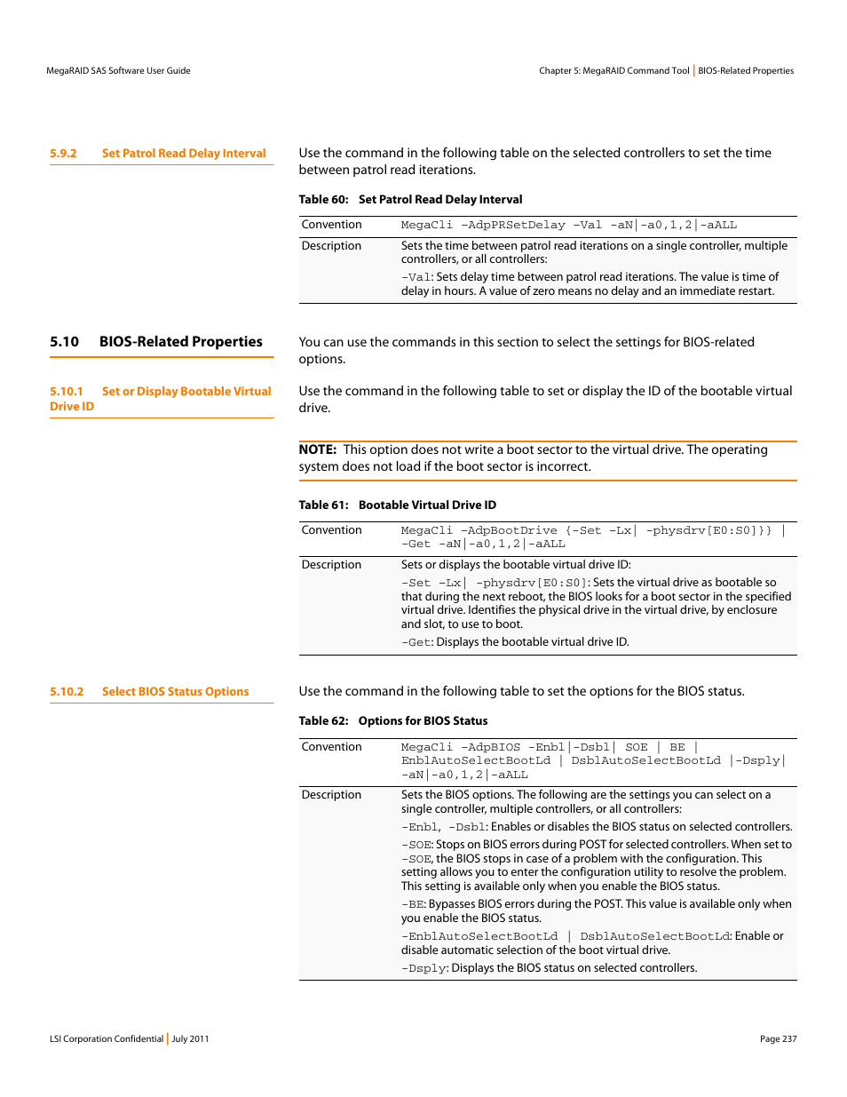 2 set patrol read delay interval, 10 bios-related properties, 1 set or display bootable virtual drive id | 2 select bios status options | Avago Technologies MegaRAID Fast Path Software User Manual | Page 237 / 502