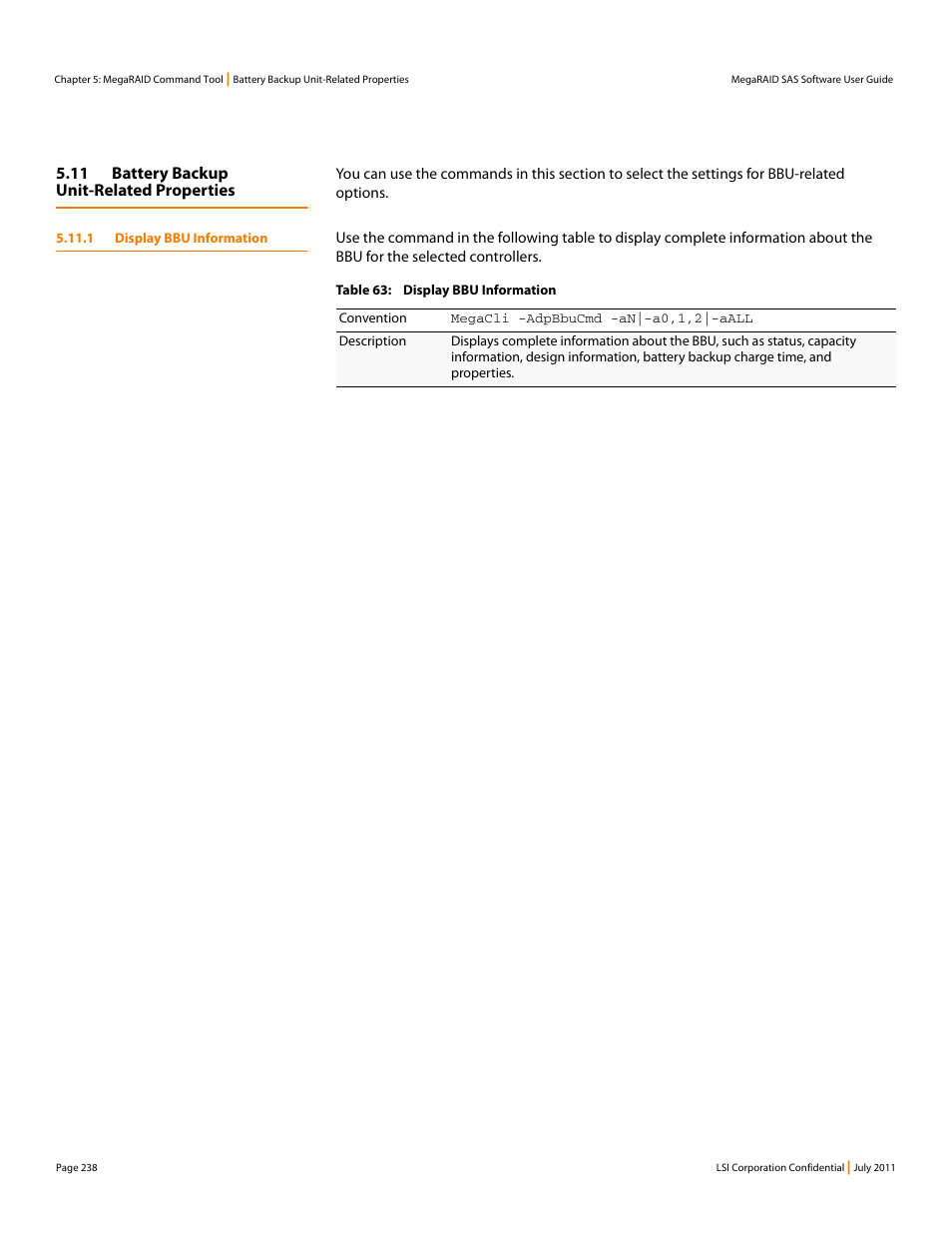 11 battery backup unit-related properties, 1 display bbu information | Avago Technologies MegaRAID Fast Path Software User Manual | Page 238 / 502