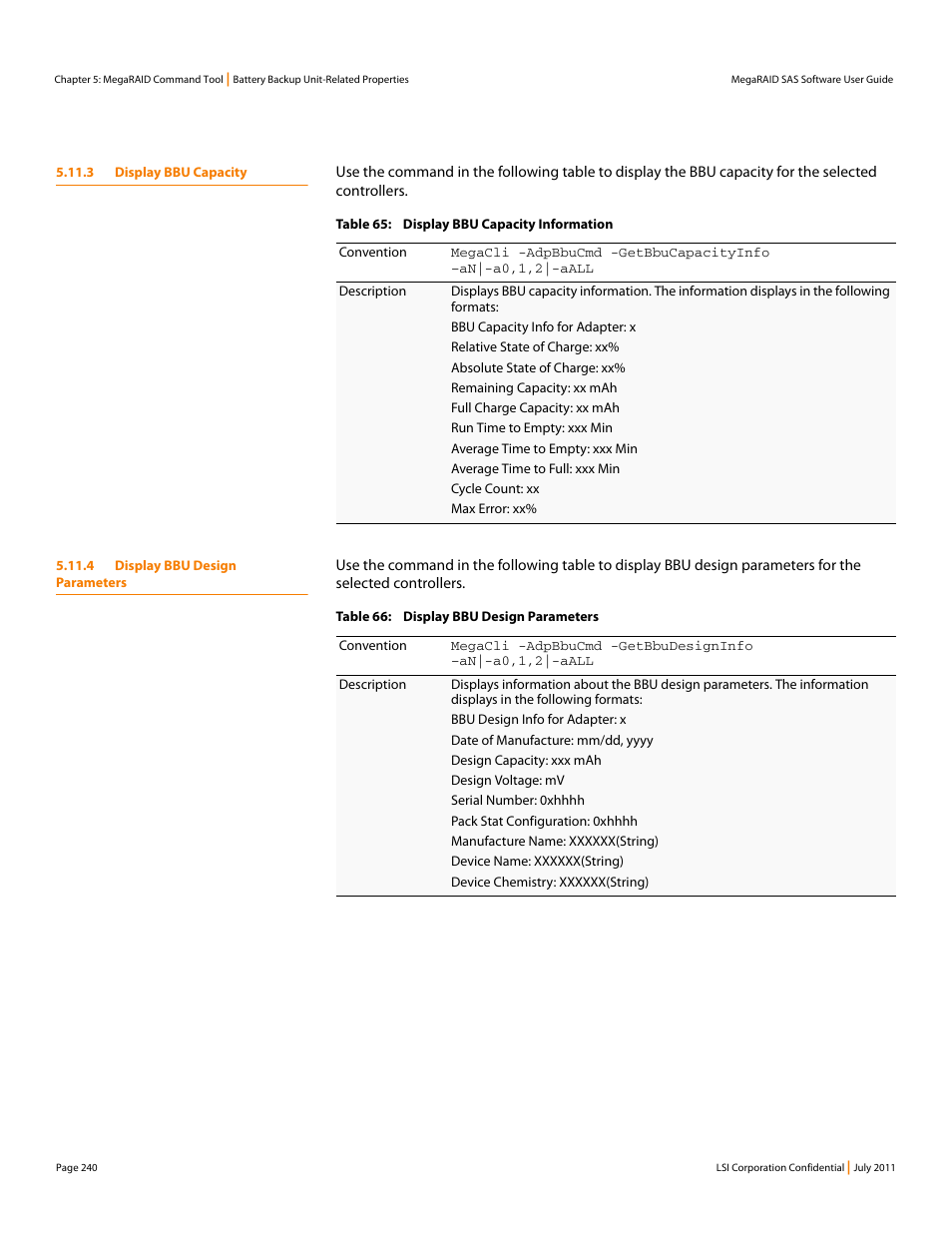 3 display bbu capacity, 4 display bbu design parameters | Avago Technologies MegaRAID Fast Path Software User Manual | Page 240 / 502