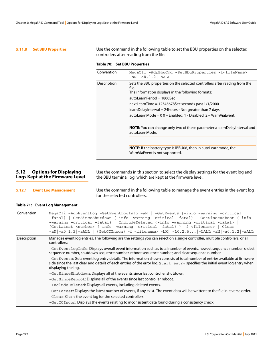 8 set bbu properties, 1 event log management | Avago Technologies MegaRAID Fast Path Software User Manual | Page 242 / 502