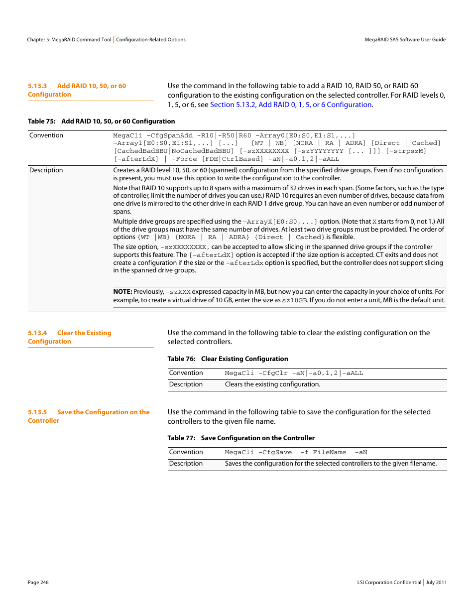 3 add raid 10, 50, or 60 configuration, 4 clear the existing configuration, 5 save the configuration on the controller | Avago Technologies MegaRAID Fast Path Software User Manual | Page 246 / 502
