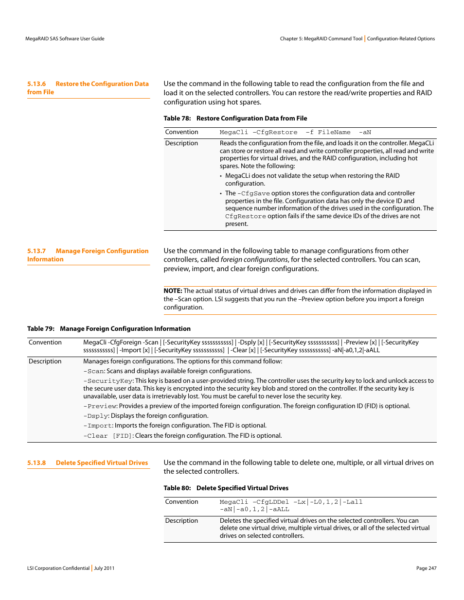 6 restore the configuration data from file, 7 manage foreign configuration information, 8 delete specified virtual drives | Avago Technologies MegaRAID Fast Path Software User Manual | Page 247 / 502