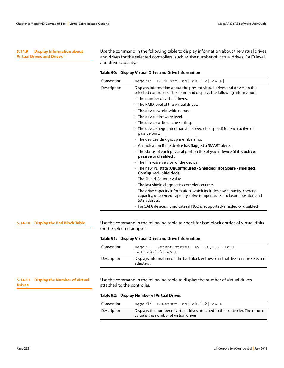 10 display the bad block table, 11 display the number of virtual drives | Avago Technologies MegaRAID Fast Path Software User Manual | Page 252 / 502