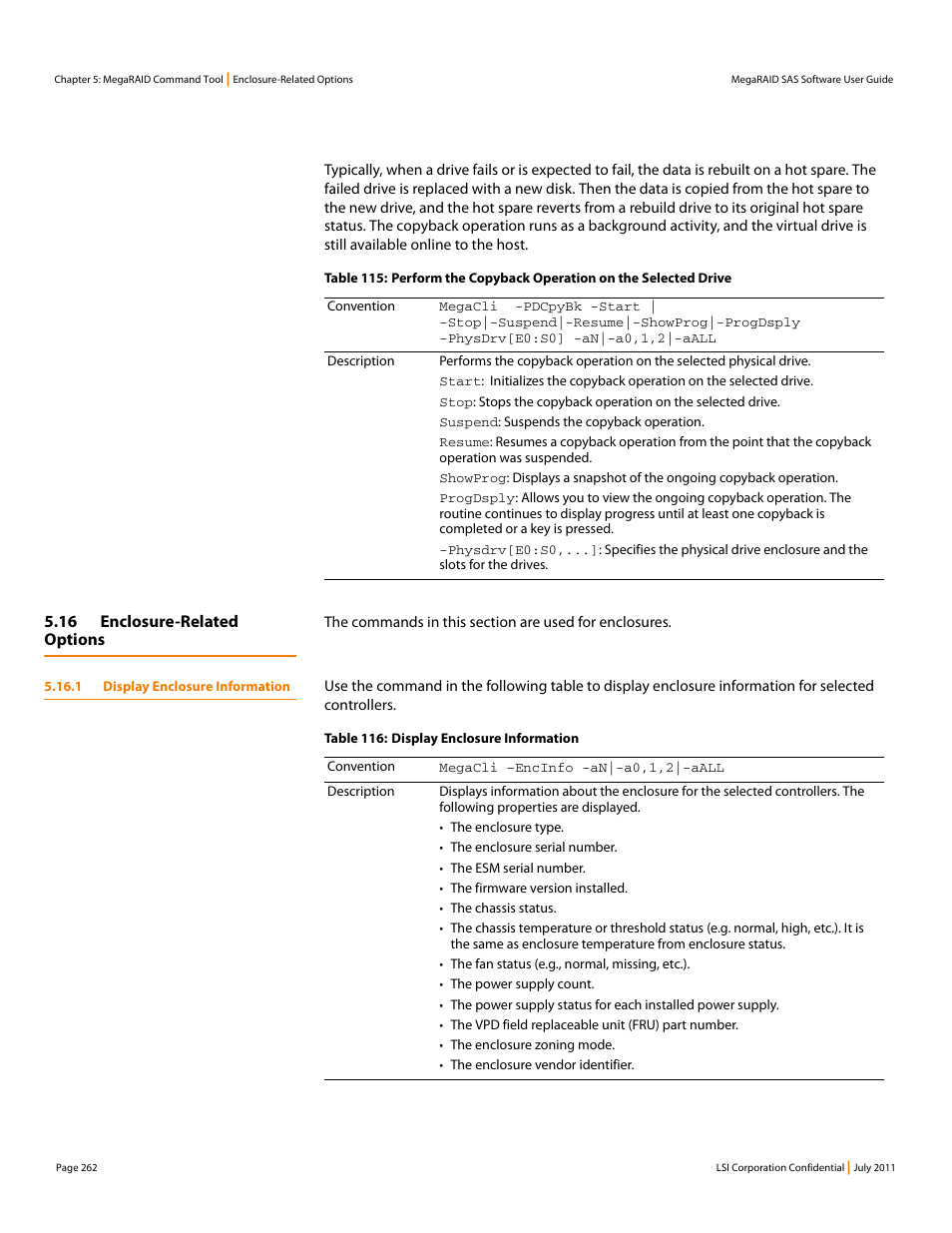 16 enclosure-related options, 1 display enclosure information | Avago Technologies MegaRAID Fast Path Software User Manual | Page 262 / 502