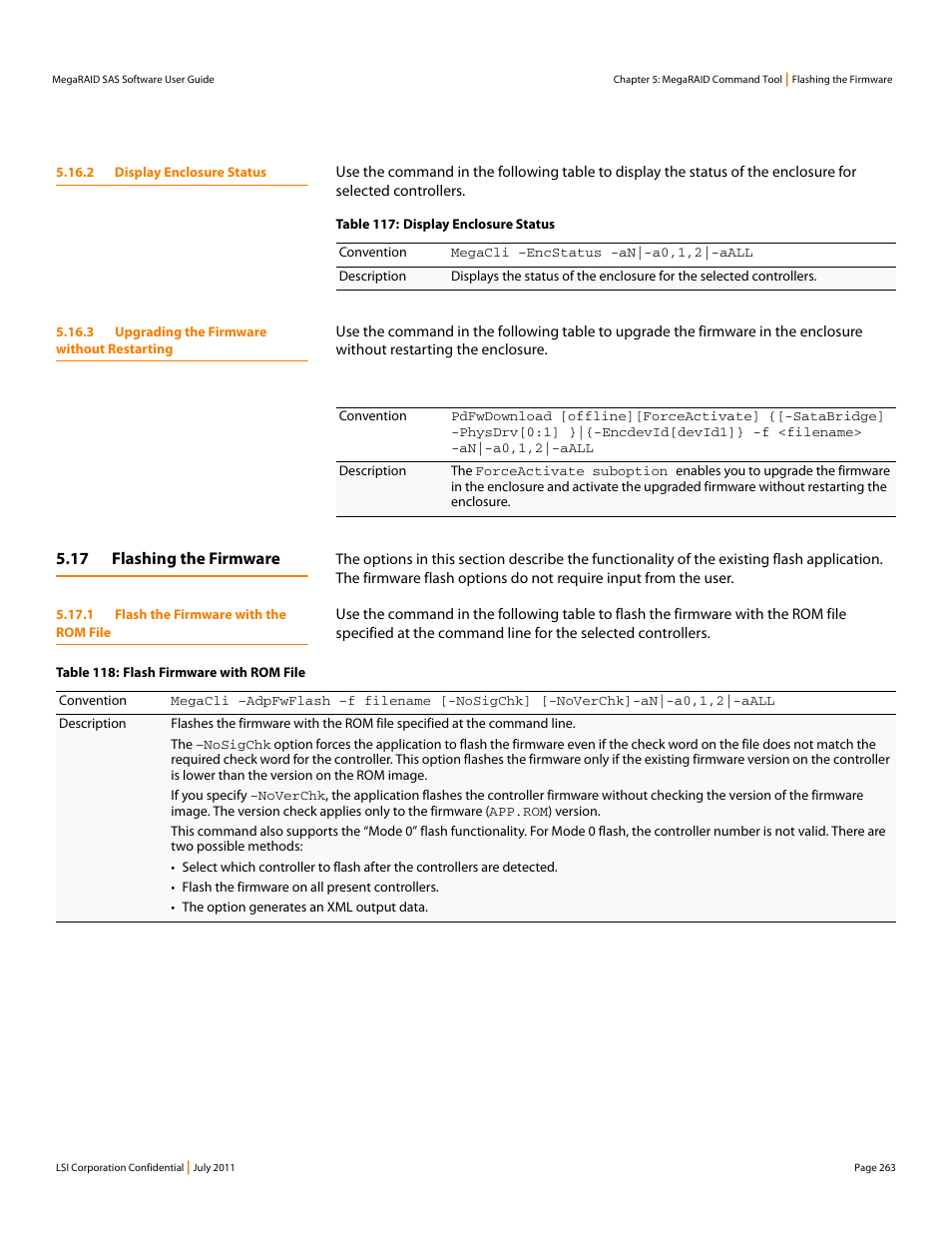 2 display enclosure status, 3 upgrading the firmware without restarting, 17 flashing the firmware | 1 flash the firmware with the rom file | Avago Technologies MegaRAID Fast Path Software User Manual | Page 263 / 502