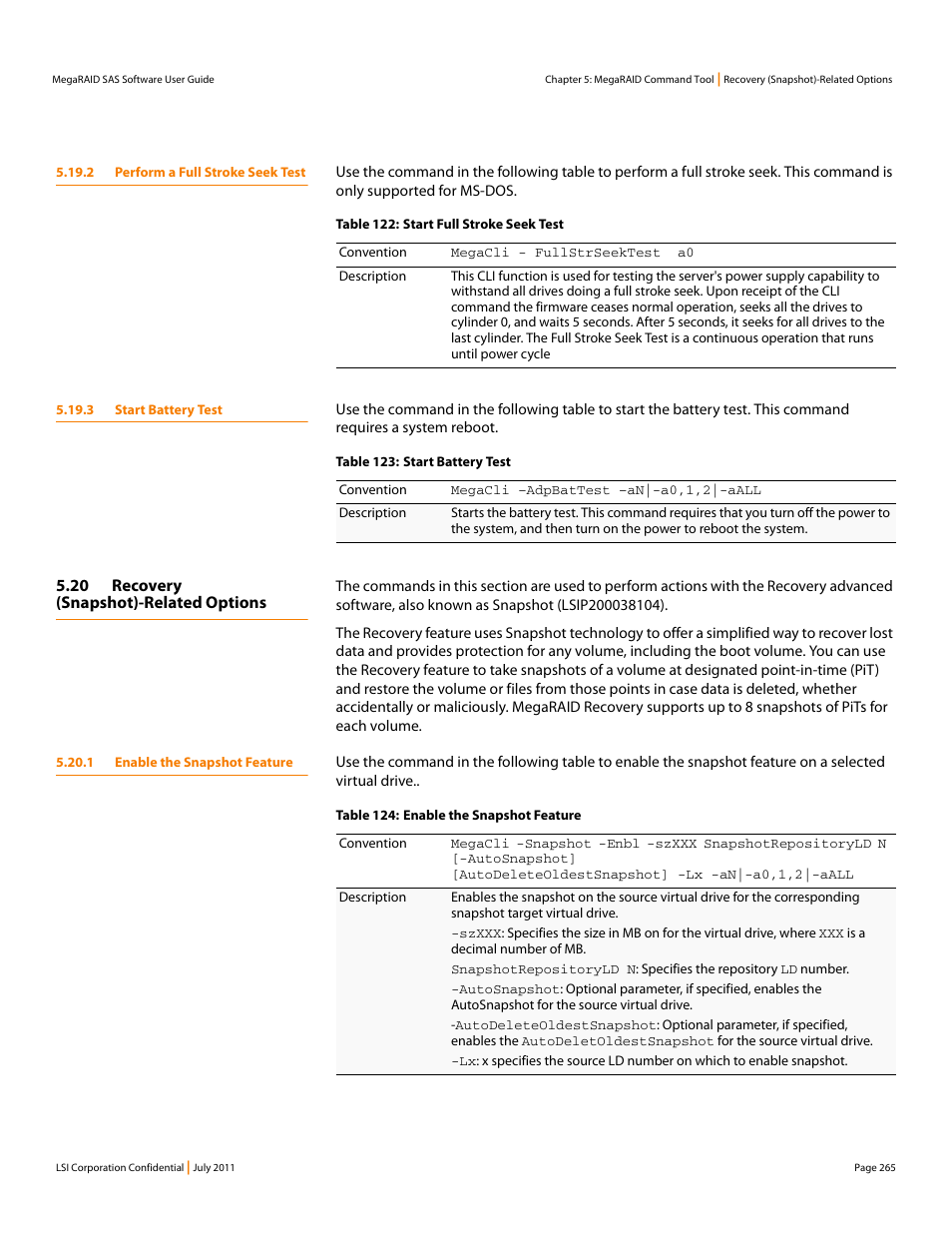 2 perform a full stroke seek test, 3 start battery test, 20 recovery (snapshot)-related options | 1 enable the snapshot feature | Avago Technologies MegaRAID Fast Path Software User Manual | Page 265 / 502