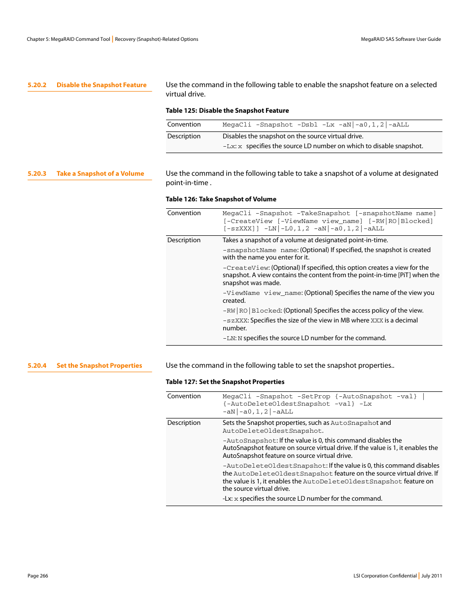 2 disable the snapshot feature, 3 take a snapshot of a volume, 4 set the snapshot properties | Avago Technologies MegaRAID Fast Path Software User Manual | Page 266 / 502