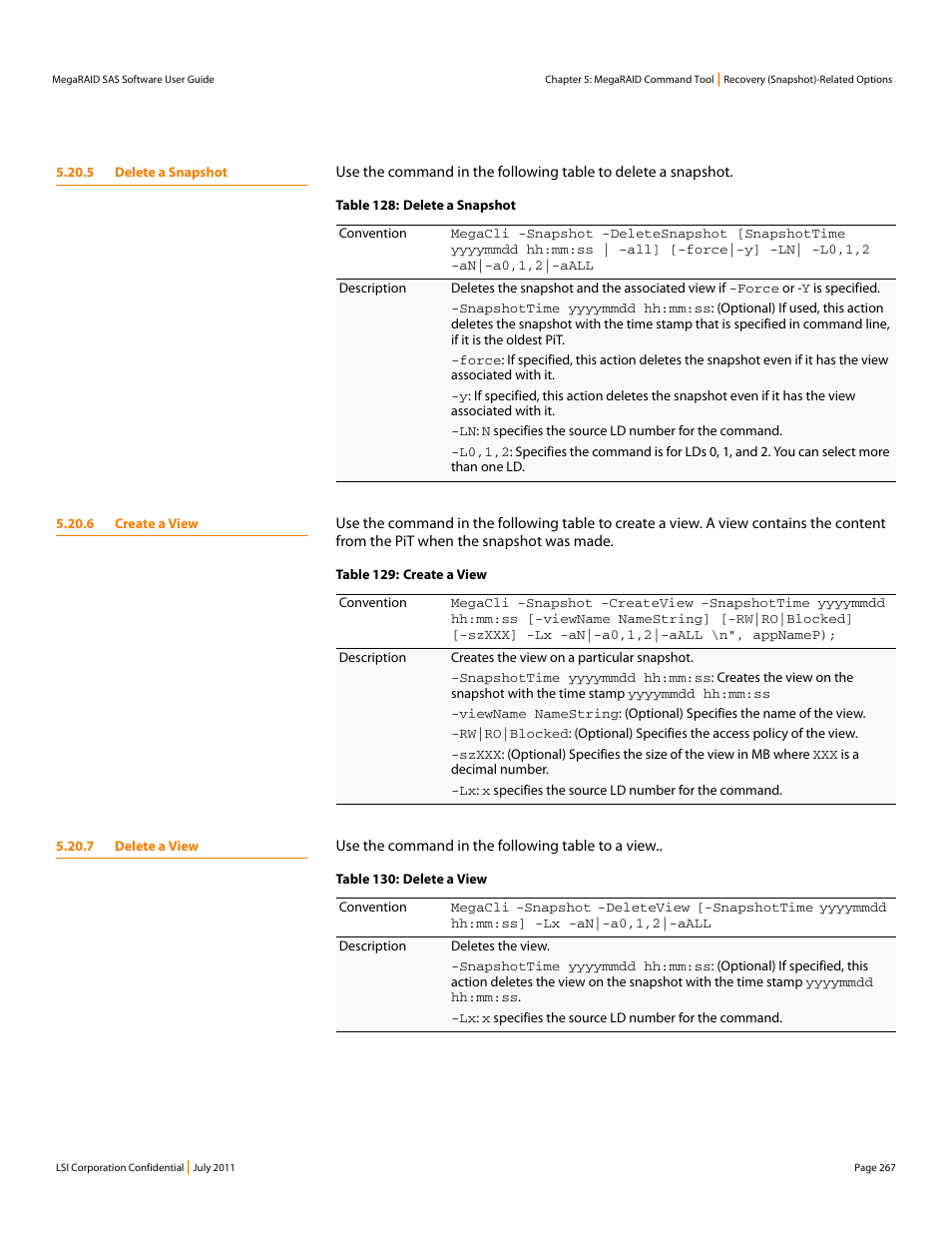 5 delete a snapshot, 6 create a view, 7 delete a view | Avago Technologies MegaRAID Fast Path Software User Manual | Page 267 / 502