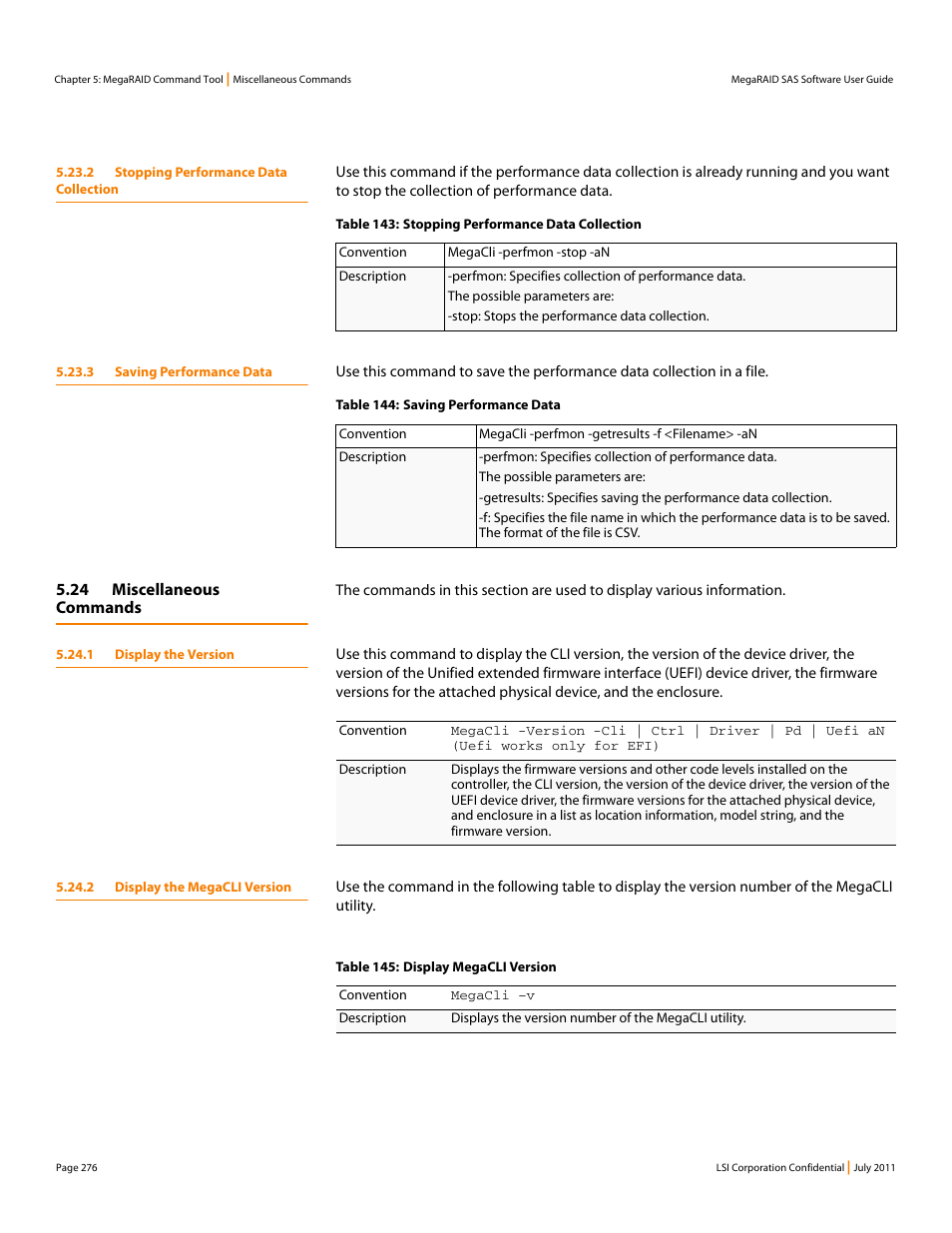 2 stopping performance data collection, 3 saving performance data, 24 miscellaneous commands | 1 display the version, 2 display the megacli version | Avago Technologies MegaRAID Fast Path Software User Manual | Page 276 / 502