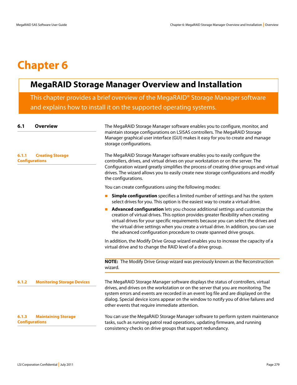 Megaraid storage manager overview and installation, 1 overview, 1 creating storage configurations | 2 monitoring storage devices, 3 maintaining storage configurations, Chapter 6 | Avago Technologies MegaRAID Fast Path Software User Manual | Page 279 / 502