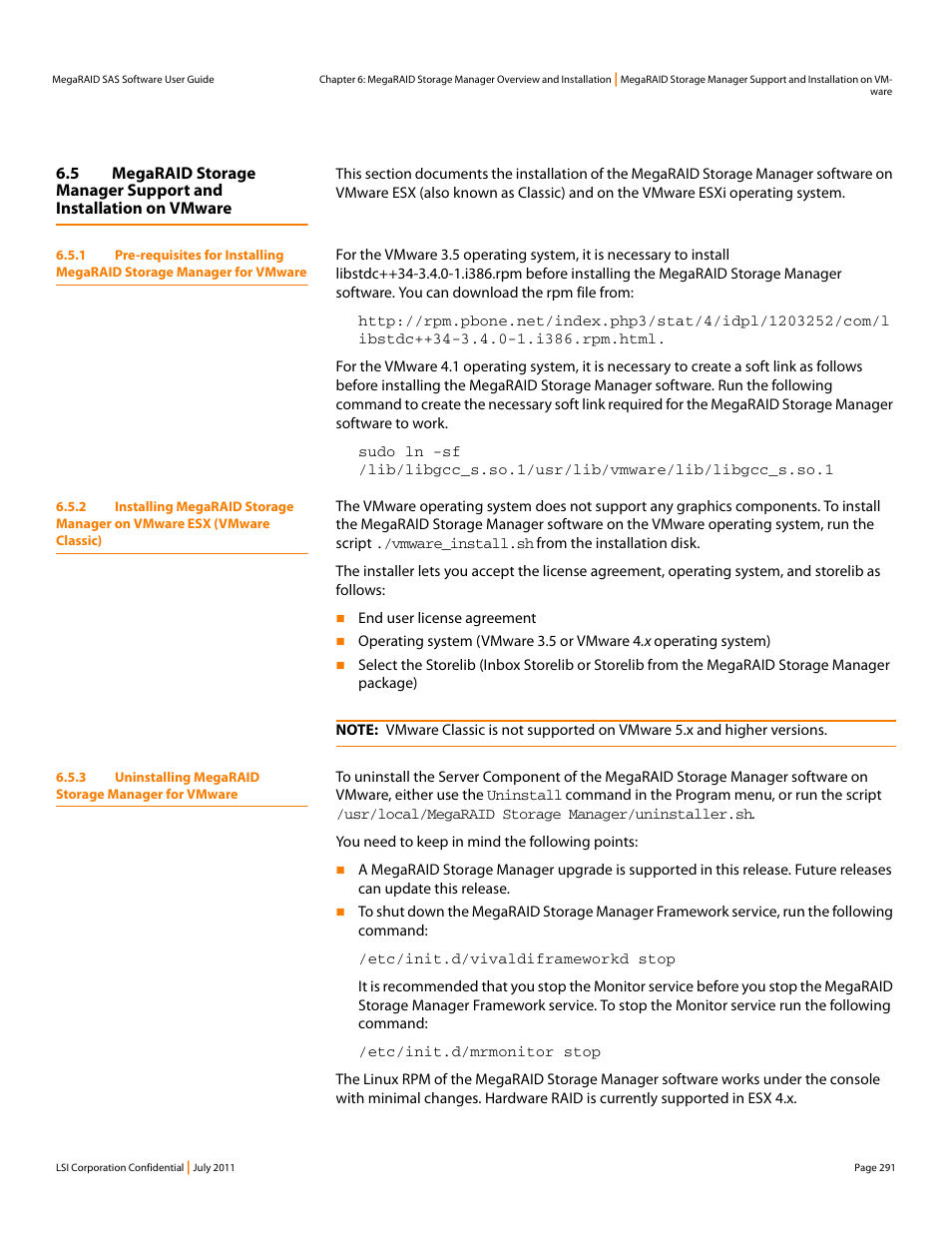 3 uninstalling megaraid storage manager for vmware | Avago Technologies MegaRAID Fast Path Software User Manual | Page 291 / 502